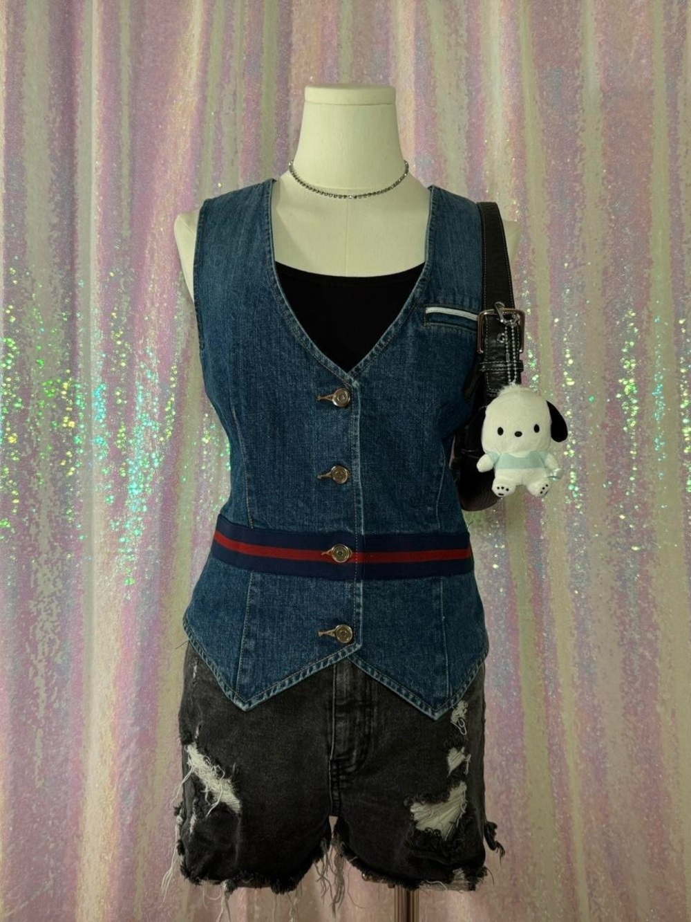 Willi Smith Classic Style Denim Vest With Red & Navy Stripe ★彡